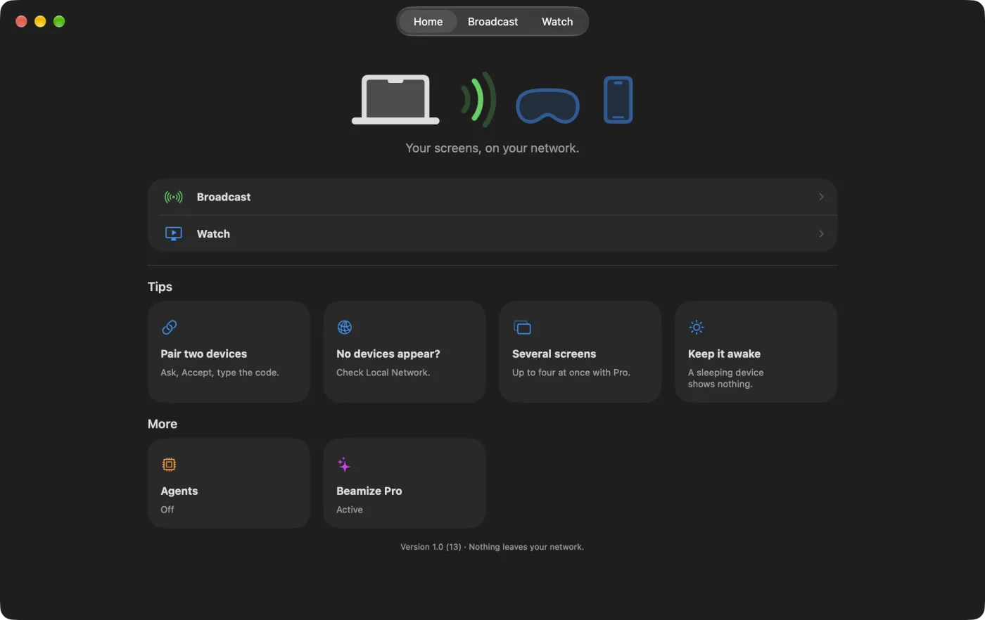 The Beamize Home tab on a Mac: Broadcast and Watch, four tips, an Agents card set to Off and a Beamize Pro card set to Active.
